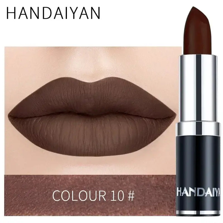 Handaiyan lipstick in shade Colour 10#, featuring rich brown matte finish on lips for a bold and stylish look.