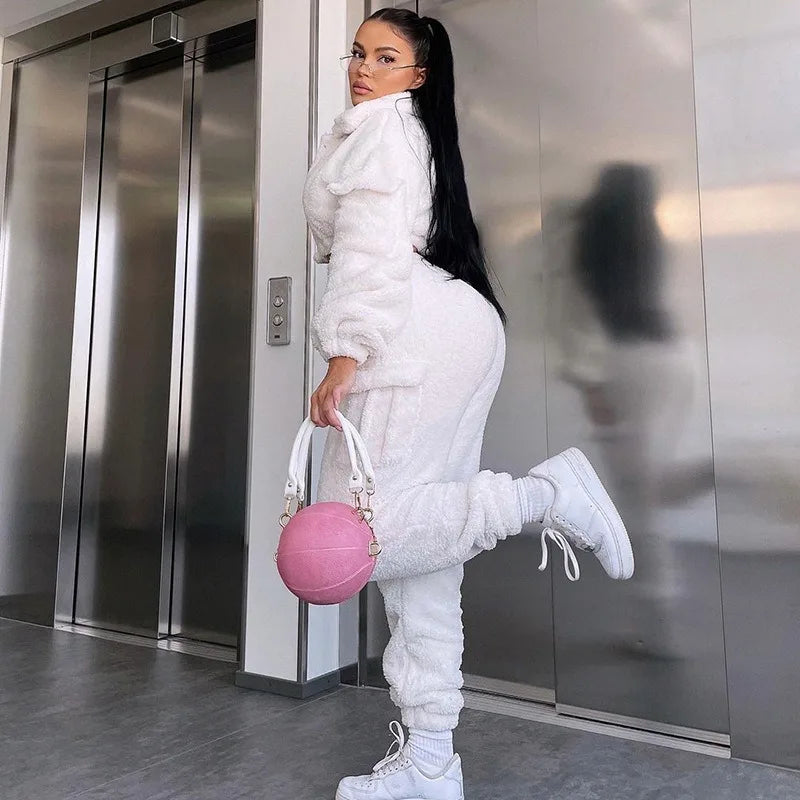 Two Piece Set Women White Fleece  Hooded Jogger High Waist Pants Casual Suit