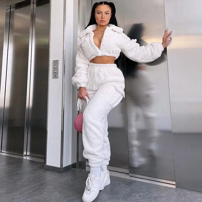 Two Piece Set Women White Fleece  Hooded Jogger High Waist Pants Casual Suit