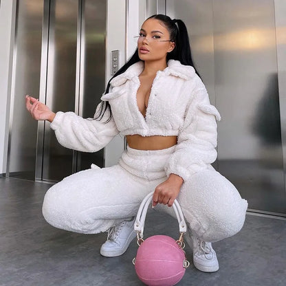 Two Piece Set Women White Fleece  Hooded Jogger High Waist Pants Casual Suit