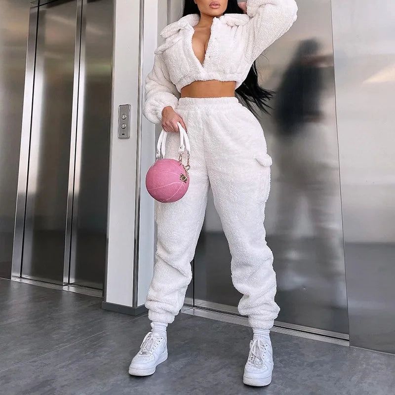 Two Piece Set Women White Fleece  Hooded Jogger High Waist Pants Casual Suit