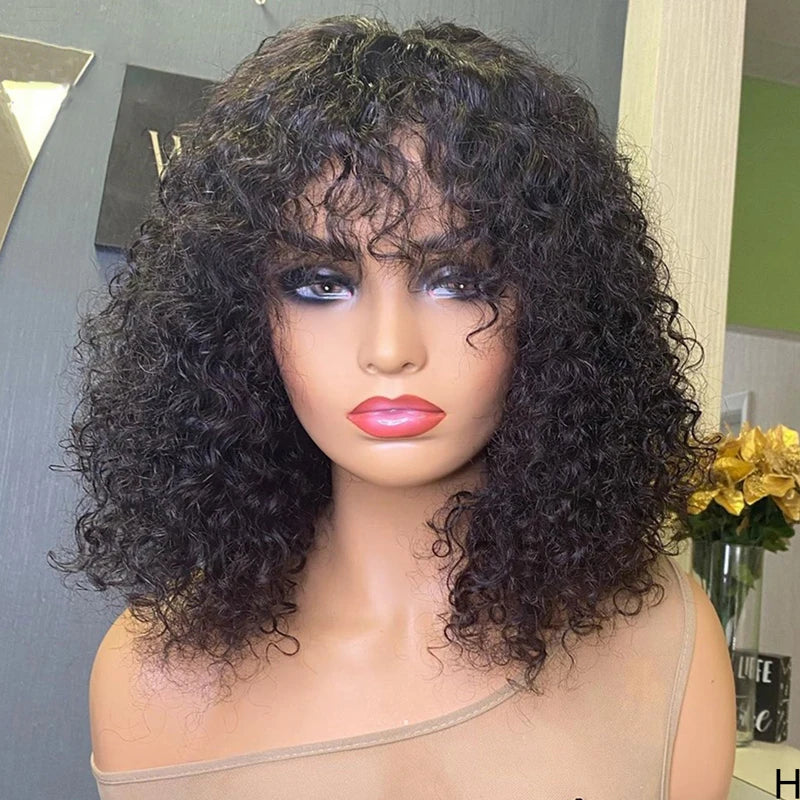 Short Bob Curly Human Hair Ombre Brazilian Remy Hair WIgs With Bangs 180% Density