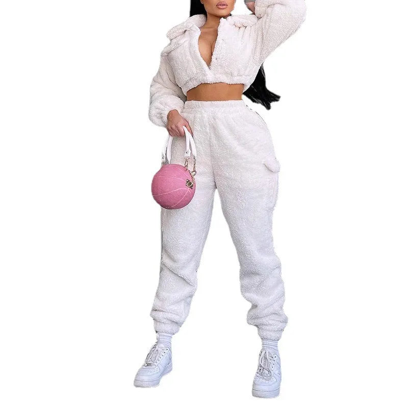 Two Piece Set Women White Fleece  Hooded Jogger High Waist Pants Casual Suit