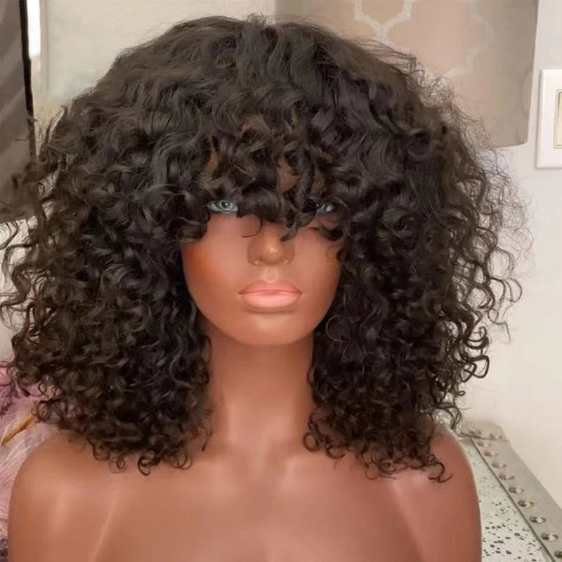 Short Bob Curly Human Hair Ombre Brazilian Remy Hair WIgs With Bangs 180% Density