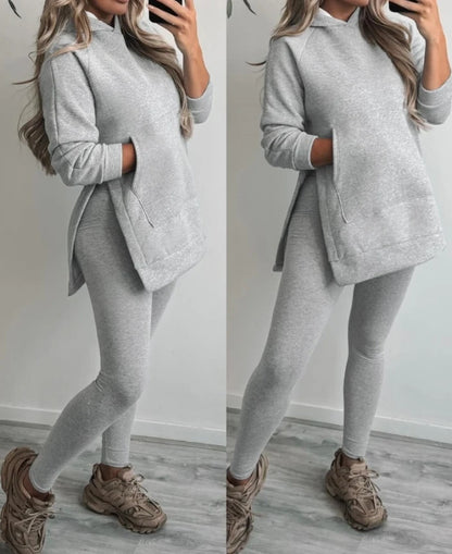 Two Piece Side Seam Split Pocket Design Long Sleeve Loose Hoodie High Waist Tight Pants Set