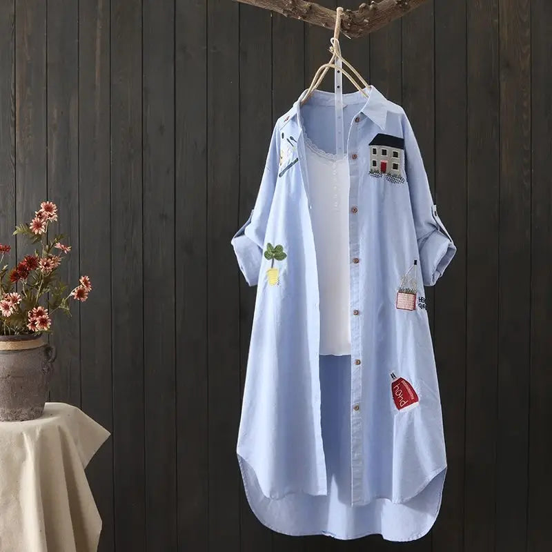 Cotton Embroidery Loose Long White Shirts Casual Lady Loose shirt