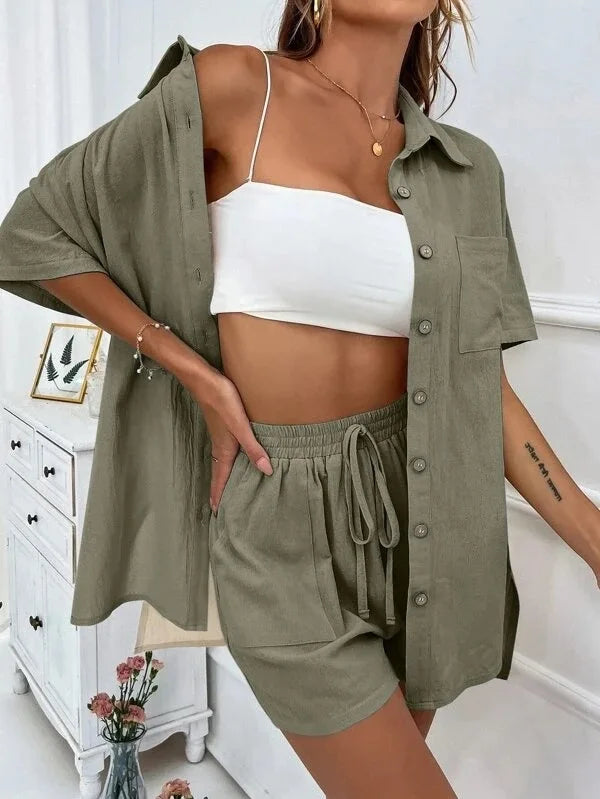 Single breasted Top Broad legged Shorts Set