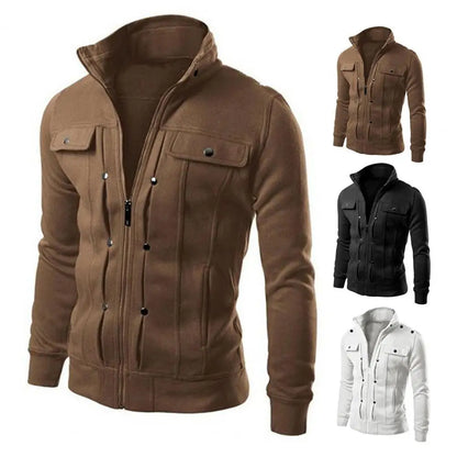 Outerwear Solid Color Stand Collar Jacket with Buttons Zipper Closure for Spring Autumn Long for Men