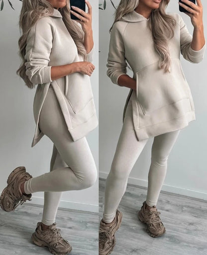 Two Piece Side Seam Split Pocket Design Long Sleeve Loose Hoodie High Waist Tight Pants Set