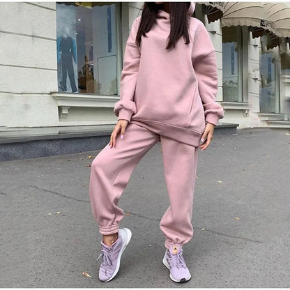 European Style  Solid Color Hooded Sweatshirt Casual 2-Piece Set Suit