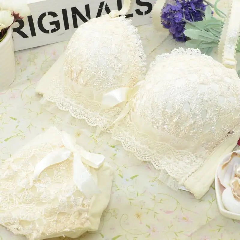 French/Korean Bra Set Lace Gather Underwear Adjustable Push Up Bra