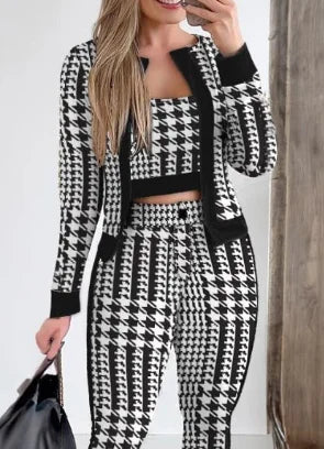 3 Piece Set Plaid Print Crop Top & Pants Set With Coat Fashion Casual Elegant Set