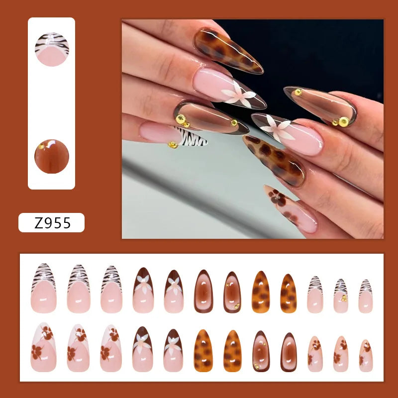 Caramel Flower 24 Pcs Press on Nails Pink Gradient  Glossy Artificial  Reusable Nails