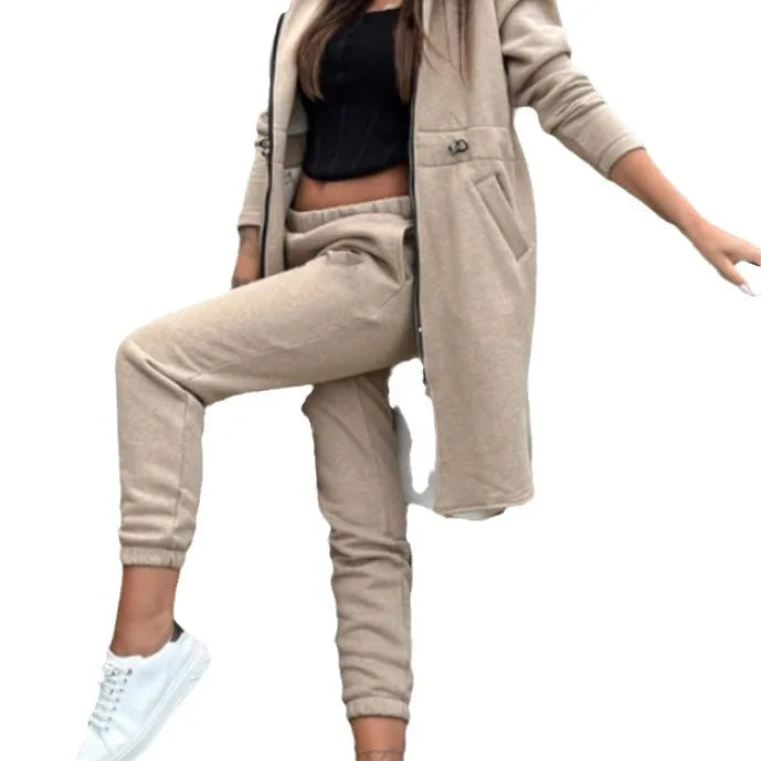 Pant Sets Hooded Zipper Long Coats Two Piece Casual Sporty