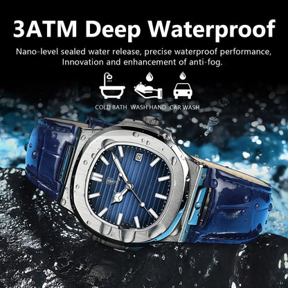 Luxury Square Man Watch Date Waterproof Luminous Wristwatch High Quality Leather Men's Quartz Watches+Box Reloj