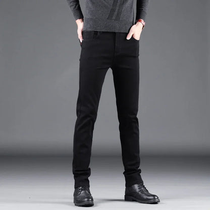 Pure Black Slim Elastic Straight Denim Pants Male