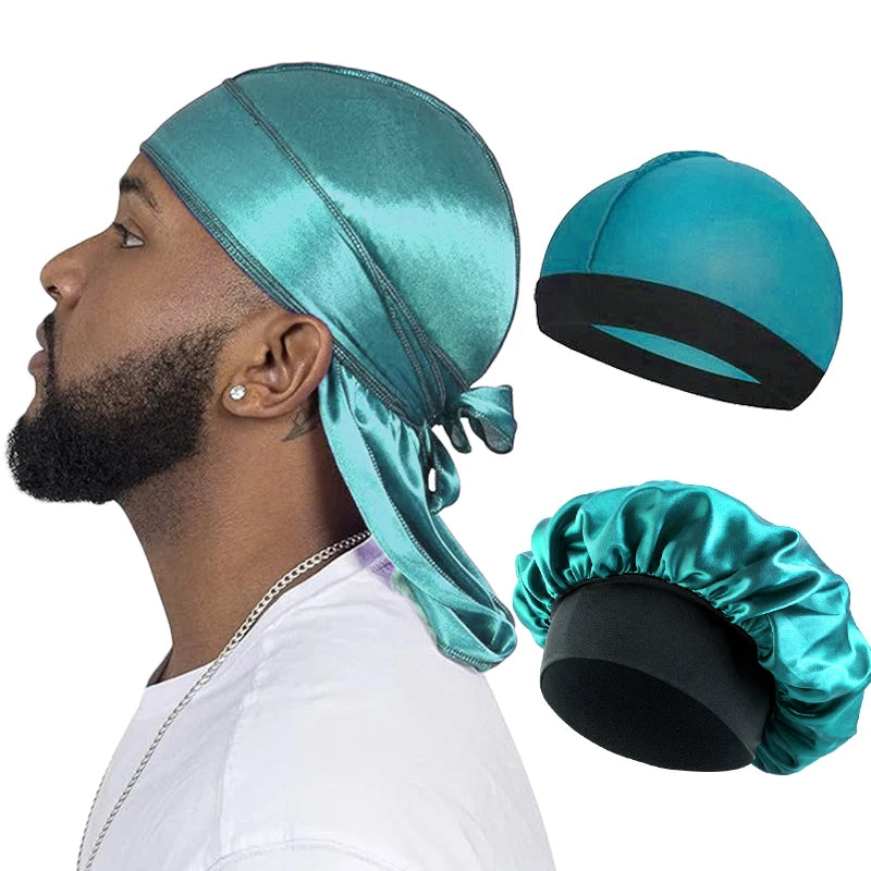 Men Silky Durag Long Tail Pirate Hat Headband Turban Bonnet