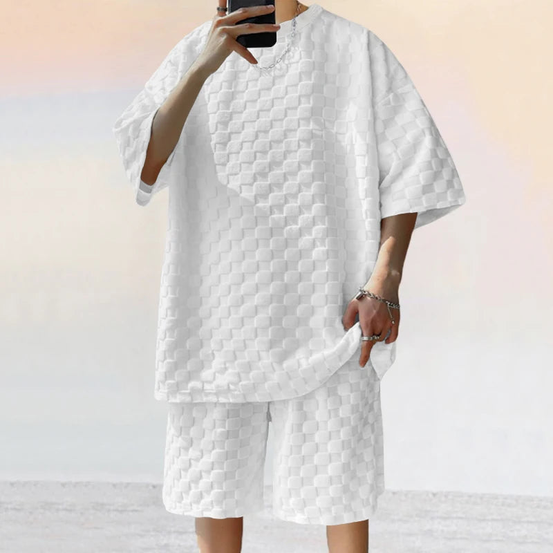 Fashion Men'sr O-neck Knitted Top and Shorts Set, Classic American Oversize Casual