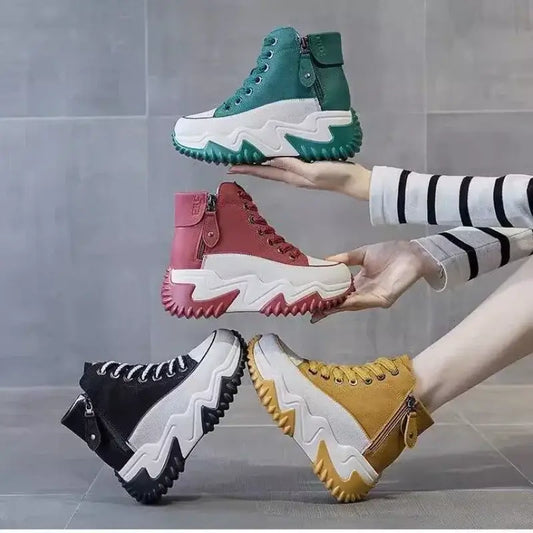 Colorful high top women's sponge cake shoes with thick soles, displayed in black, green, red, and yellow, perfect for casual wear.