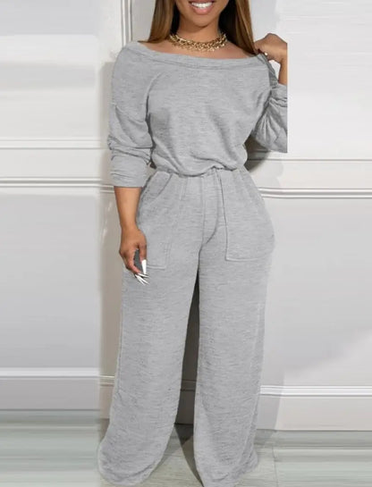 Solid Color Casual Backless Long Sleeved Pocket High Waist Jumpsuit