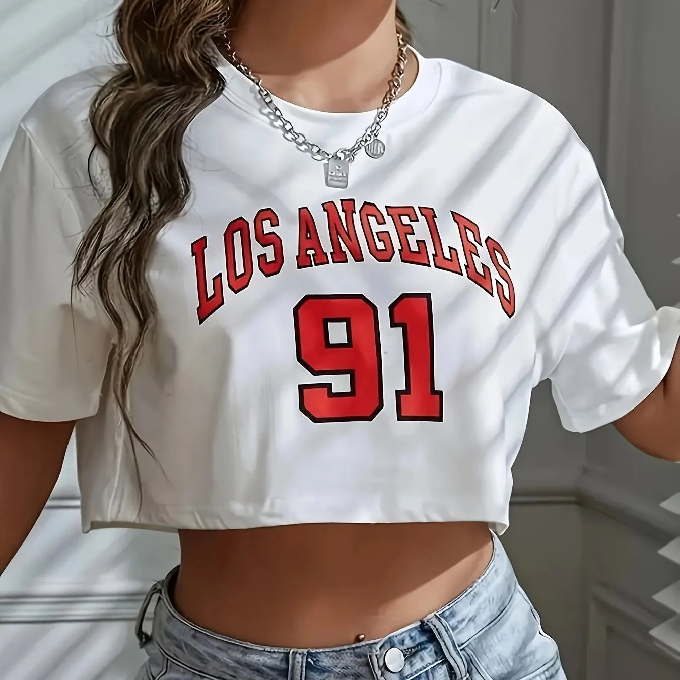 Los Angeles Number 91 Round Neck Casual Crop Top Women's Activewear