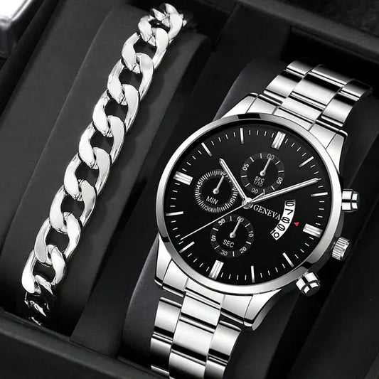 Stainless Steel  Quartz Wrist Watch with Male Bracelet