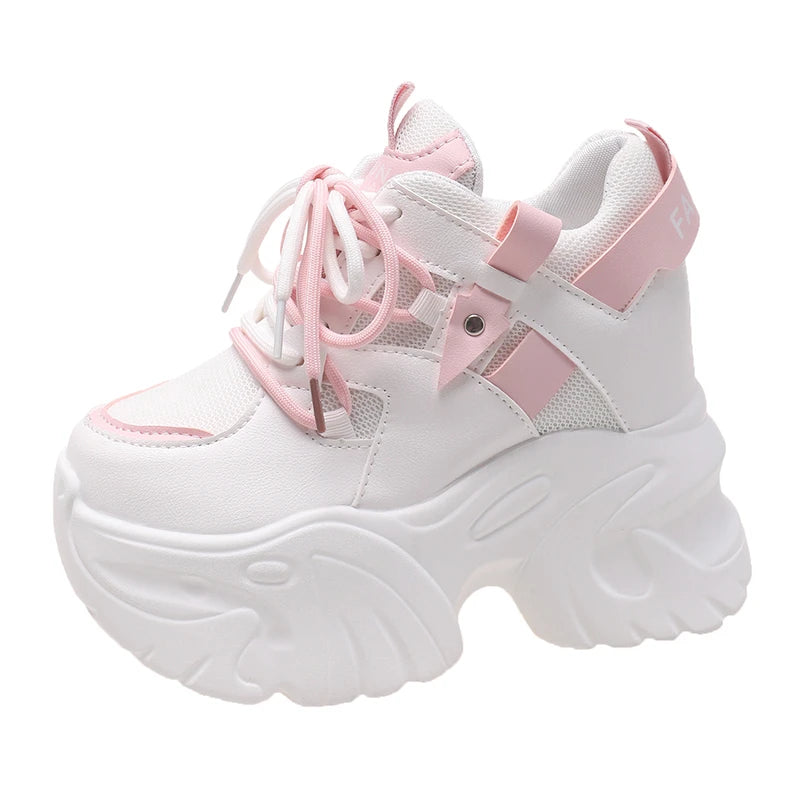 Platform Sneakers Lace-up Chunky Casual Shoes Woman Thick Bottom Mesh White Shoes