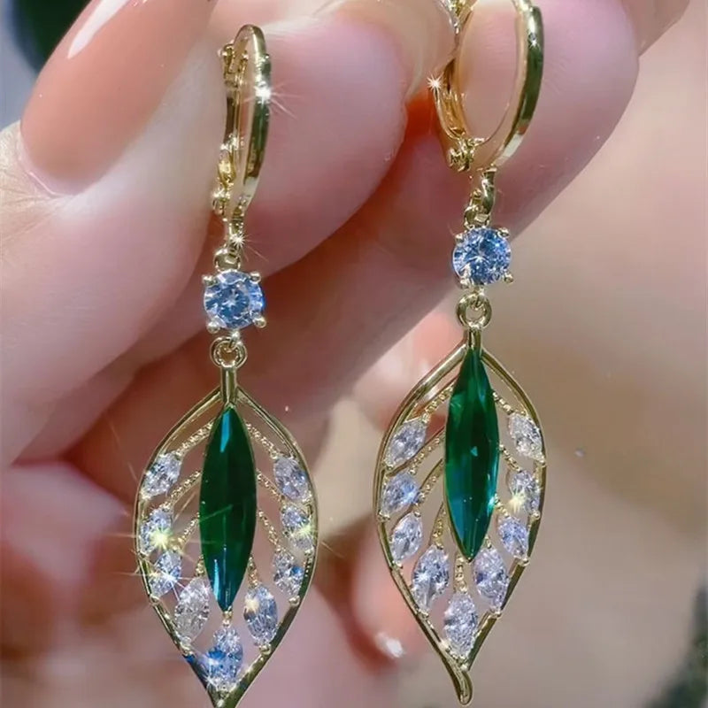 Green Crystal Golden Leaves Earrings Individuality Daily Accessories