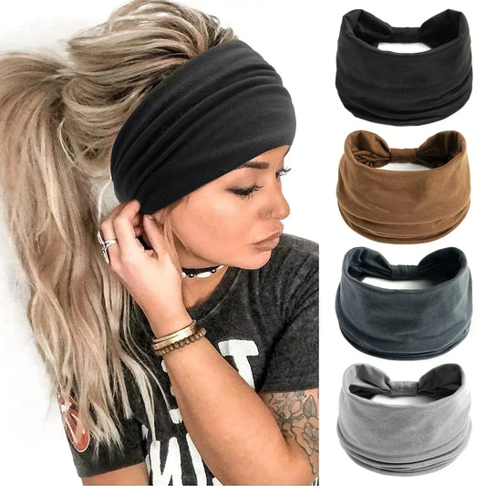 Boho Solid Color Wide Headbands Casual Knot Elastic Turban Headwrap