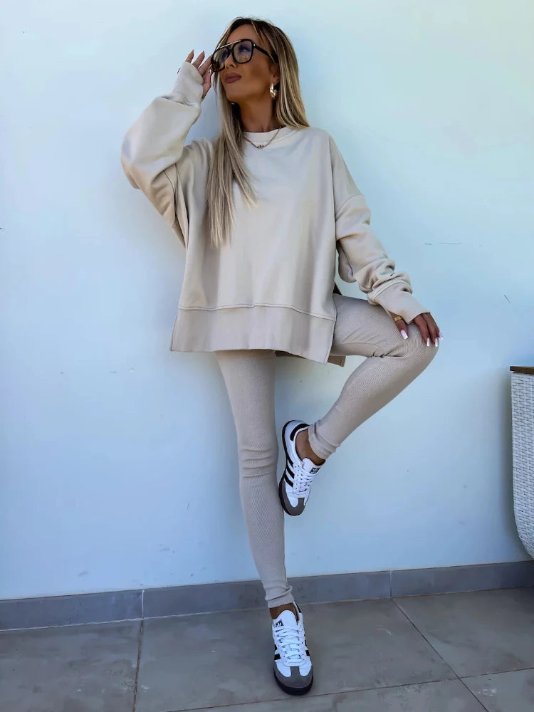 Two Pieces Solid Loose Sweatshirts Split Pullover Pencil Pants