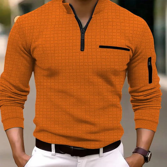 Men's checkerboard checkered  zip-up collar sports polo shirt