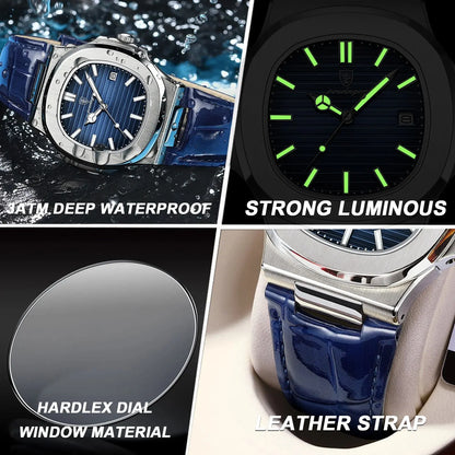 Luxury Square Man Watch Date Waterproof Luminous Wristwatch High Quality Leather Men's Quartz Watches+Box Reloj