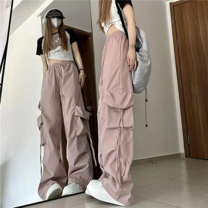 Vintage-inspired Women's High Waist Cargo Pants with Drawstring Multiple Pockets