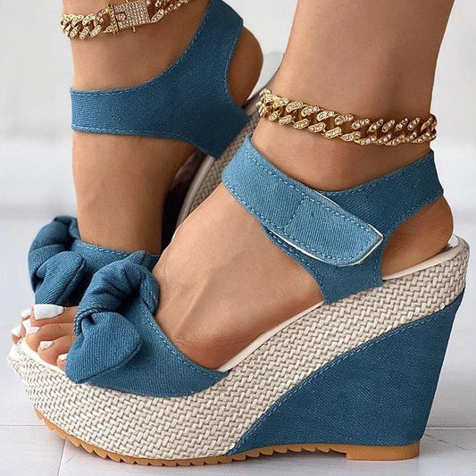 Platform Denim Bow Mixed Colors Wedge