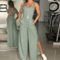 Women's Jumpsuit Sleeveless Twisted Knot Cotton Linen Strappy Playsuit Side Button Opening Loose Long Pants Romper