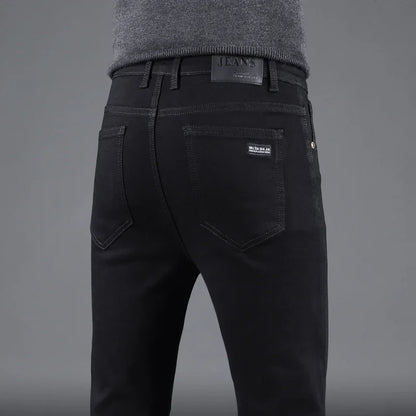 Pure Black Slim Elastic Straight Denim Pants Male