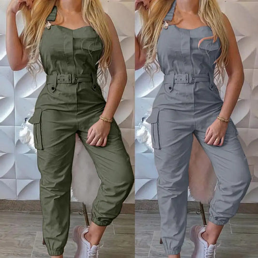 Shoulder Strap Lady Jumpsuit Casual Sleeveless Ankle Tied Cargo Jumpsuit Belt Pocket Design Overall Jumpsuit