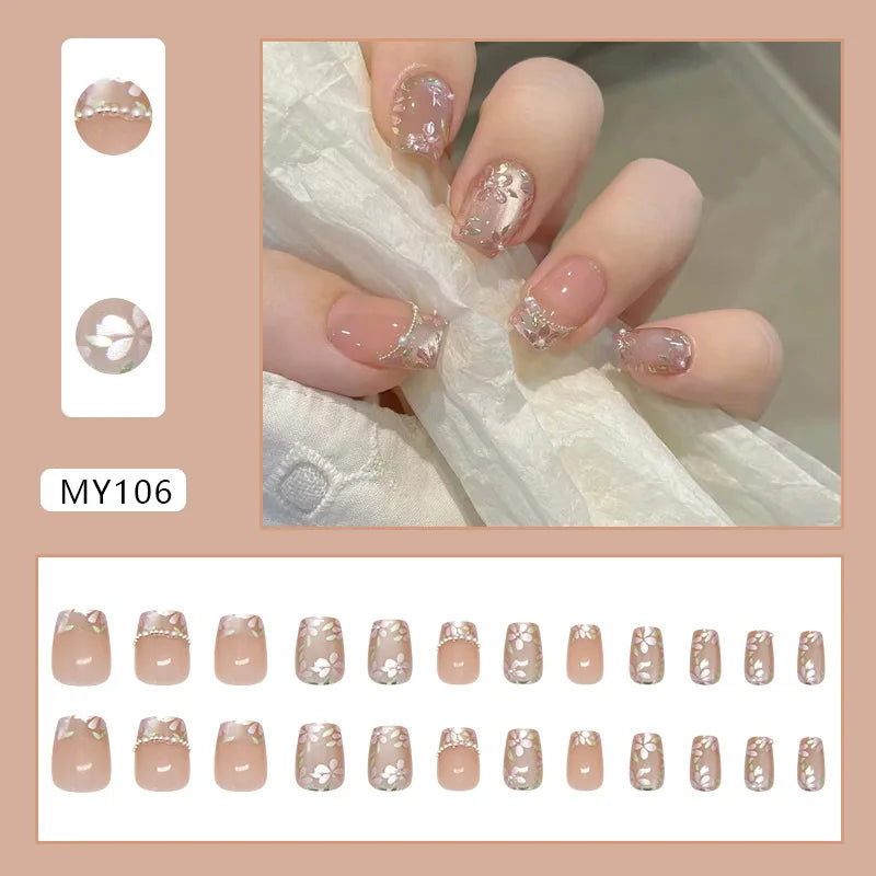 Caramel Flower 24 Pcs Press on Nails Pink Gradient  Glossy Artificial  Reusable Nails