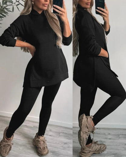 Two Piece Side Seam Split Pocket Design Long Sleeve Loose Hoodie High Waist Tight Pants Set