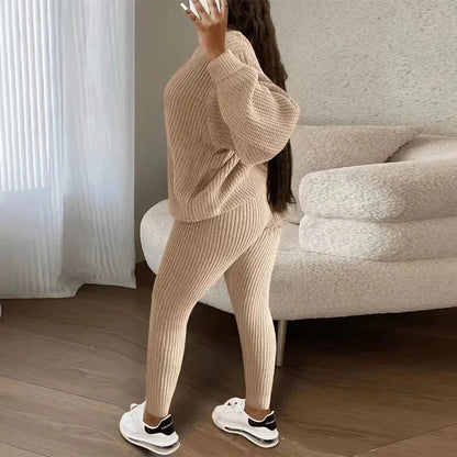 Two Piece Sets  Solid  Knitted Sweater Pants Suits