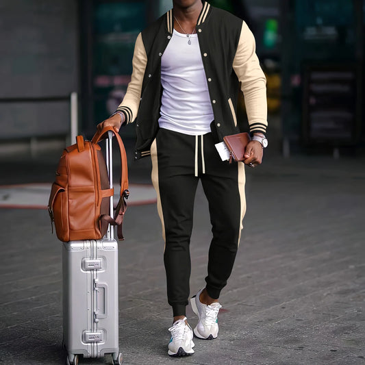 Thick baseball suit casual men's stand collar cardigan coat matching color sports long sleeve pants suit