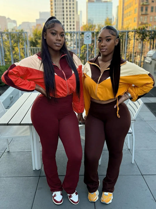 Casual 2 Piece Set Color Patchwork Long Sleeve Zip-up Jackets Crop Top + High Waist Flare Pants