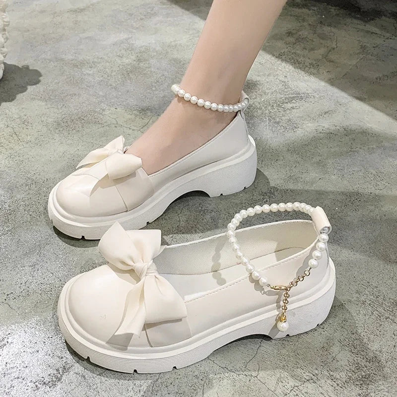 Thick Platform Mary Janes Lolita Bow Chain Shoes