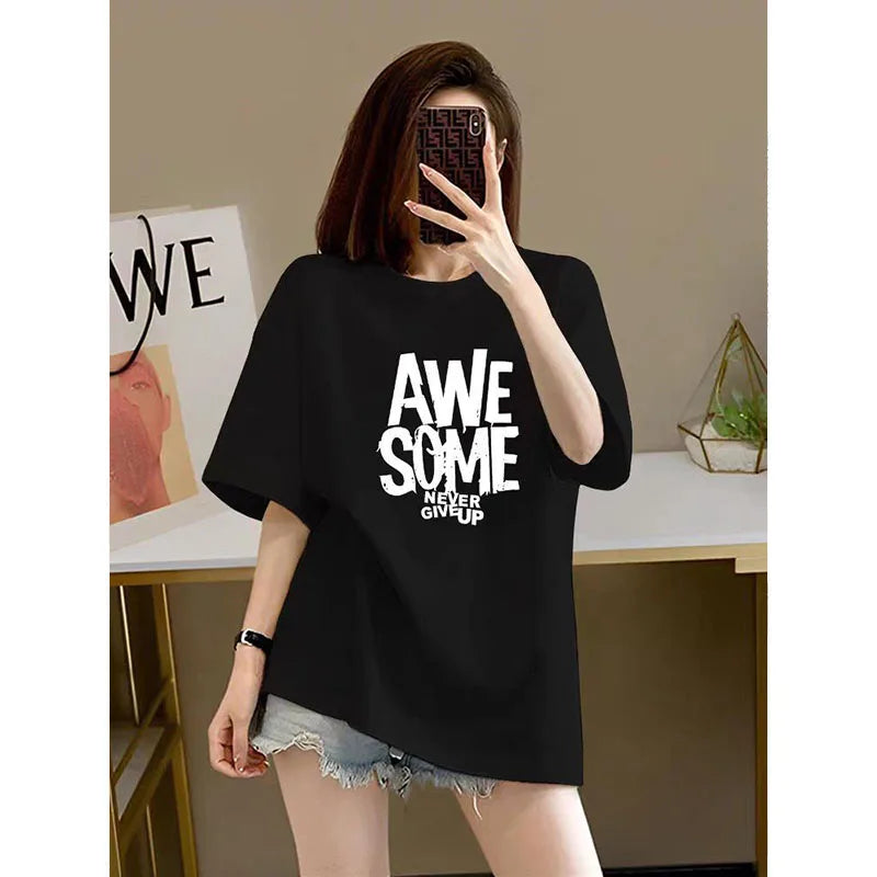 Chic Letter Print Basic Top Tees Fashion Pure Cotton O-neck Short Sleeve T-shirt Loose