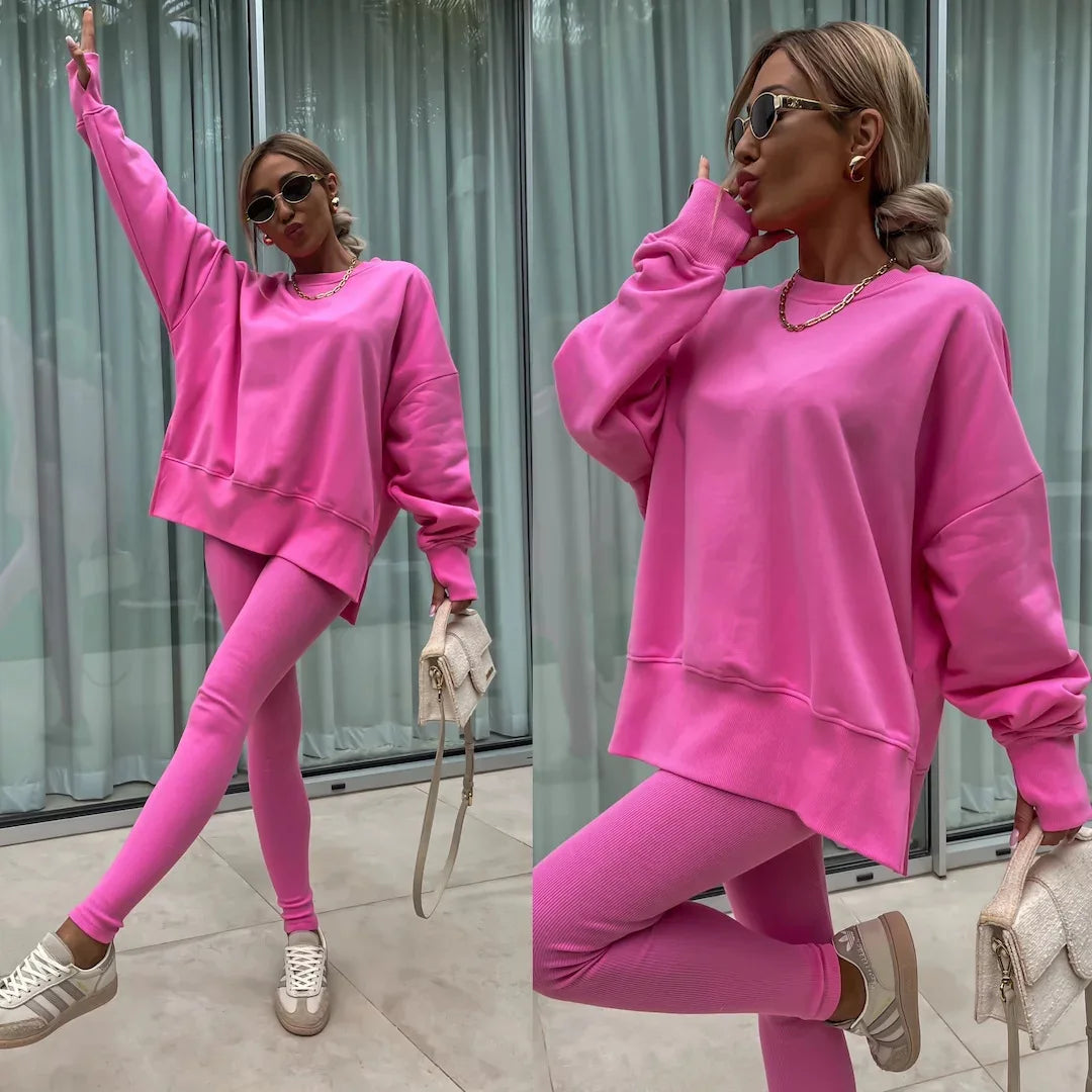 Two Pieces Solid Loose Sweatshirts Split Pullover Pencil Pants