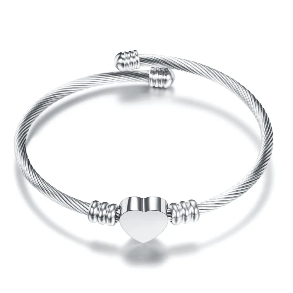 HNSP Stainless Steel Cable Heart Bracelet Bangle