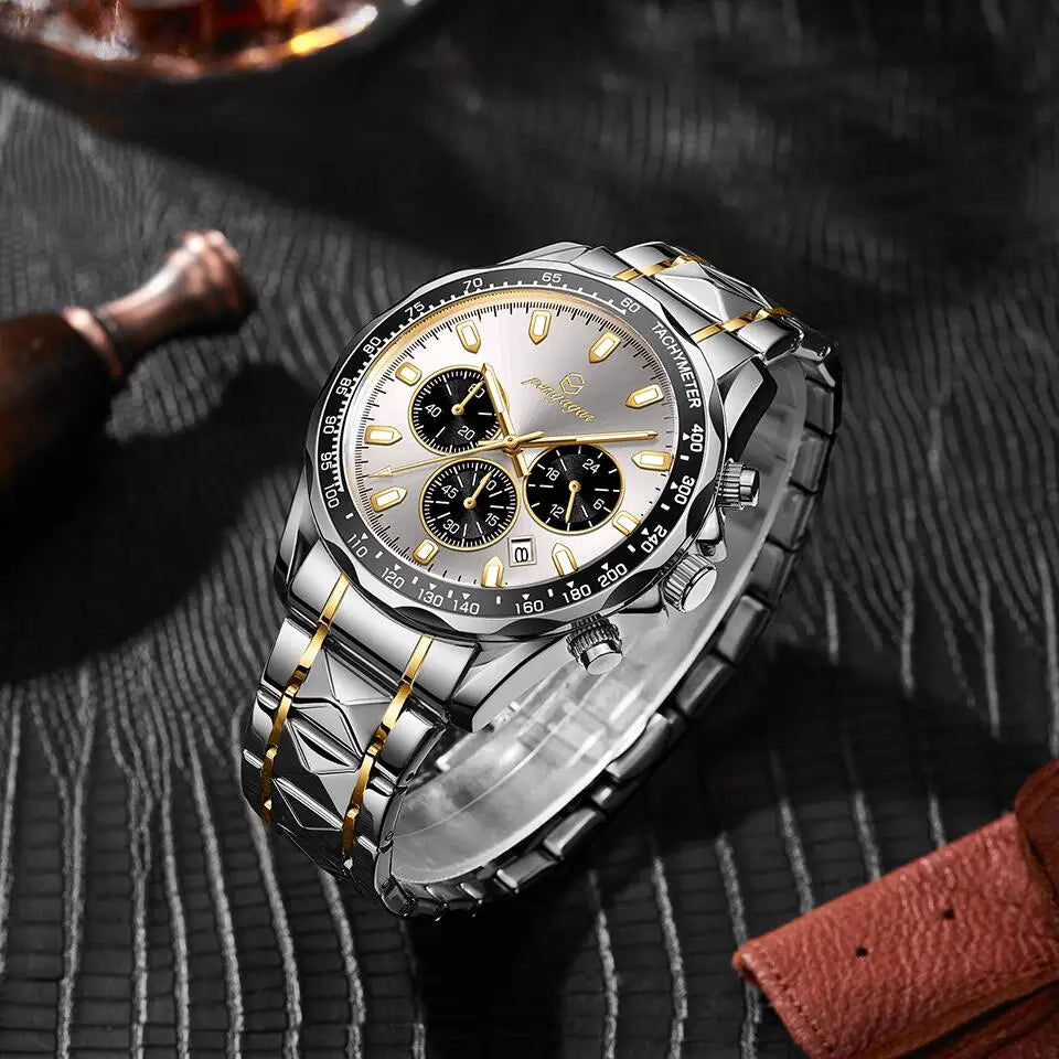 Classic Multifunctional Chronograph Quartz Wristwatch Sports Stainless Steel Waterproof