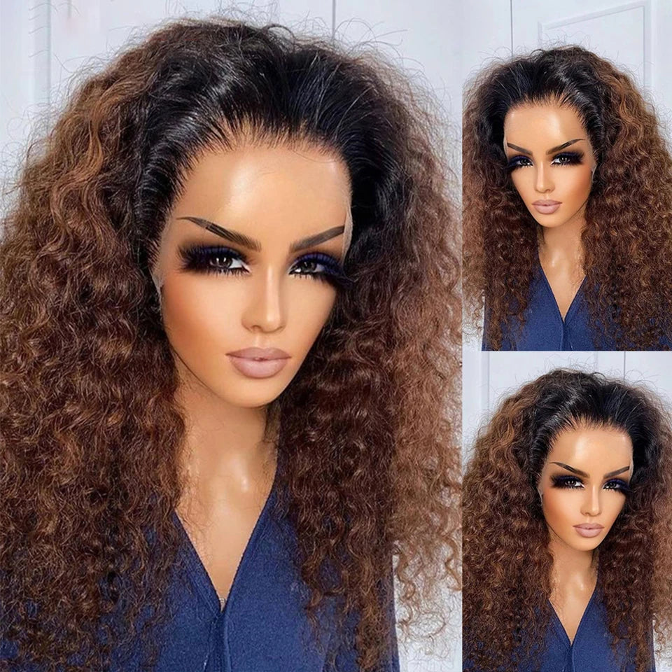 Soft 26 "Long Ombre Honey Blonde Brown 180Density Kinky Curly Lace Front Wig For Black Women BabyHair Glueless Preplucked