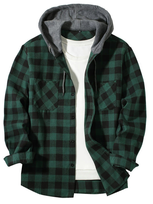 Men's Loose Plaid Hooded Shirt Fashion Casual Long sleeved Shirt