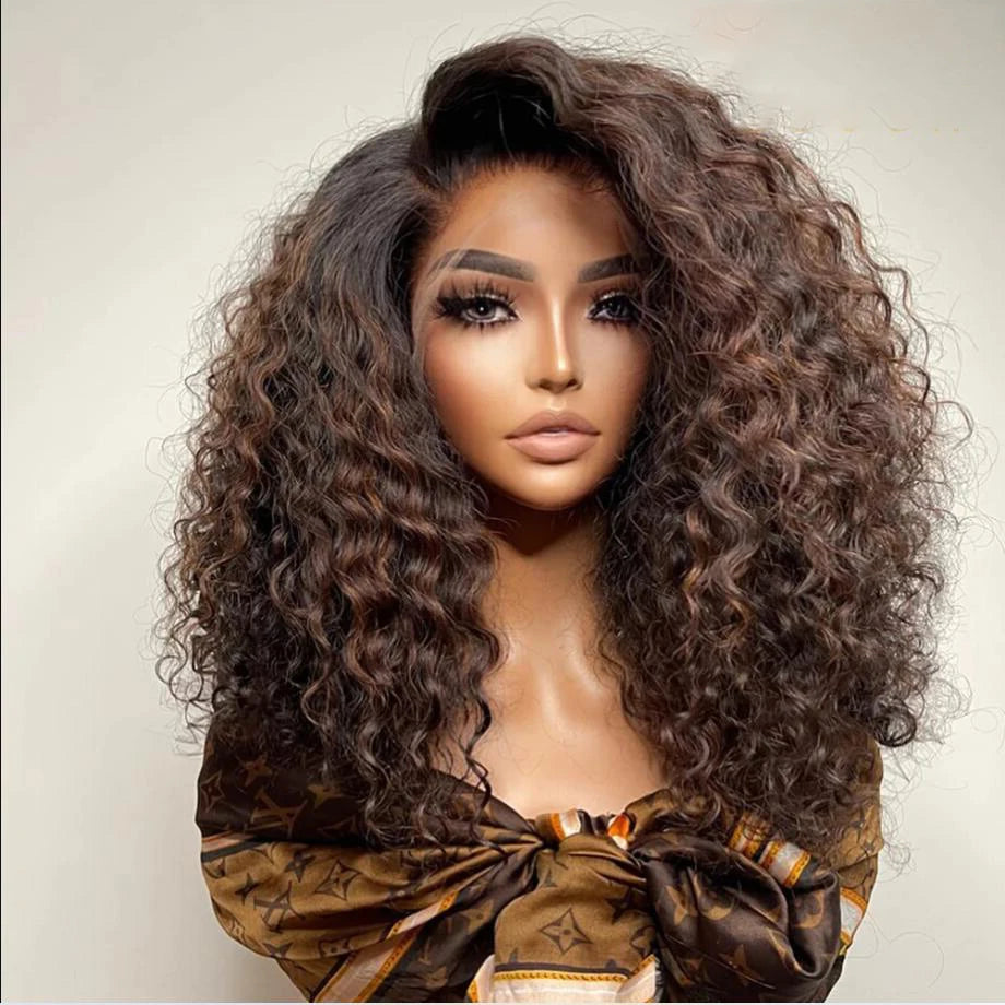 Long Soft 26“Ombre Brown Kinky Curly180Density Lace Front Wig